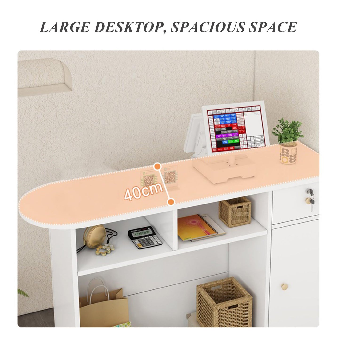 Reception Desk Counter Table, Modern front desk Small Retail Counter Checkout Wood Cashier Table office Computer Workstation With Lockable Drawer and Storage Cabinet, for Checkout Salon, Lobby, Stor