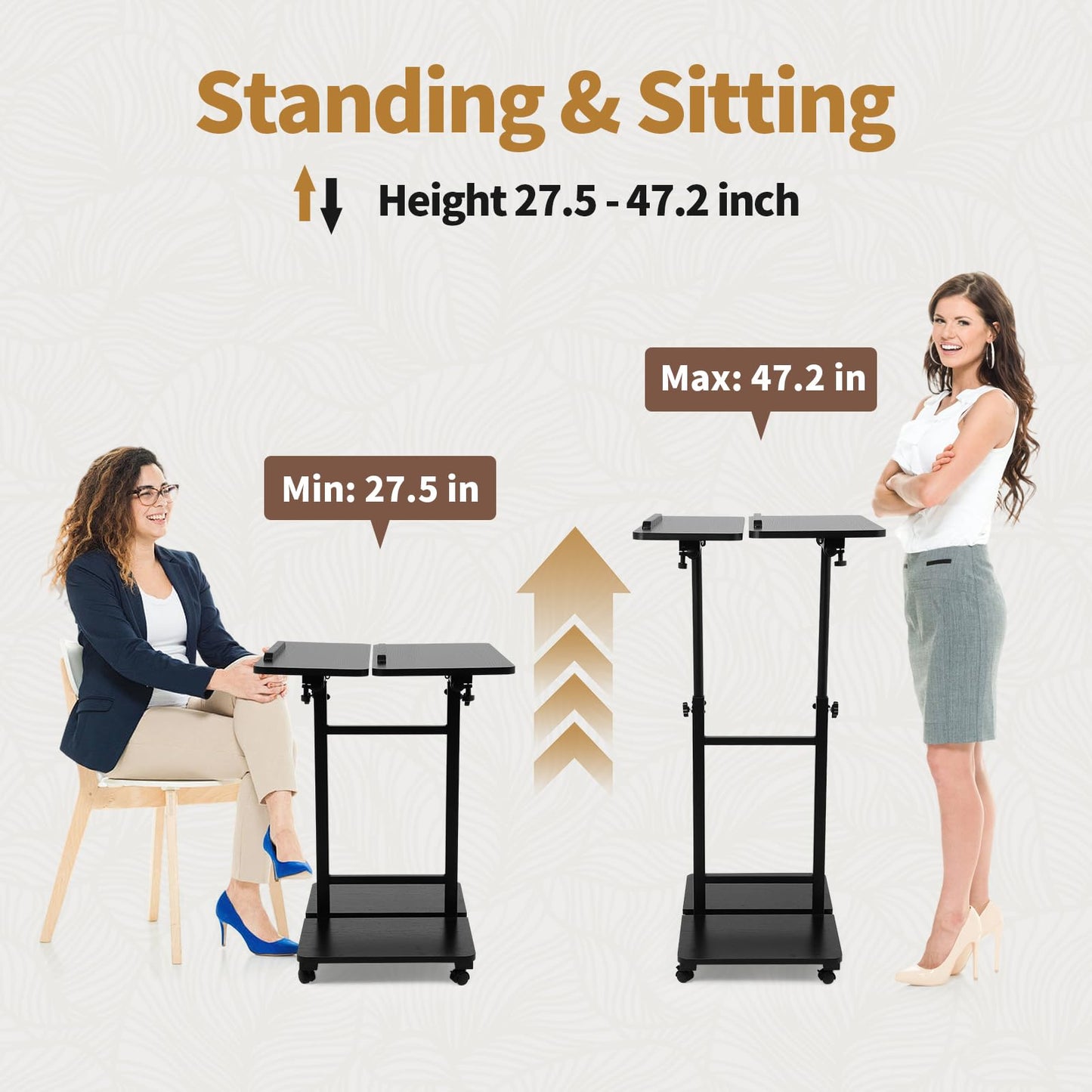FAHKNS Computer Cart 23.6 Inch - Stand Desk, Space-Saving Portable Desk with Wheels, Height Angle Adjustable Rolling Laptop Desk for Home Office Craft & Study
