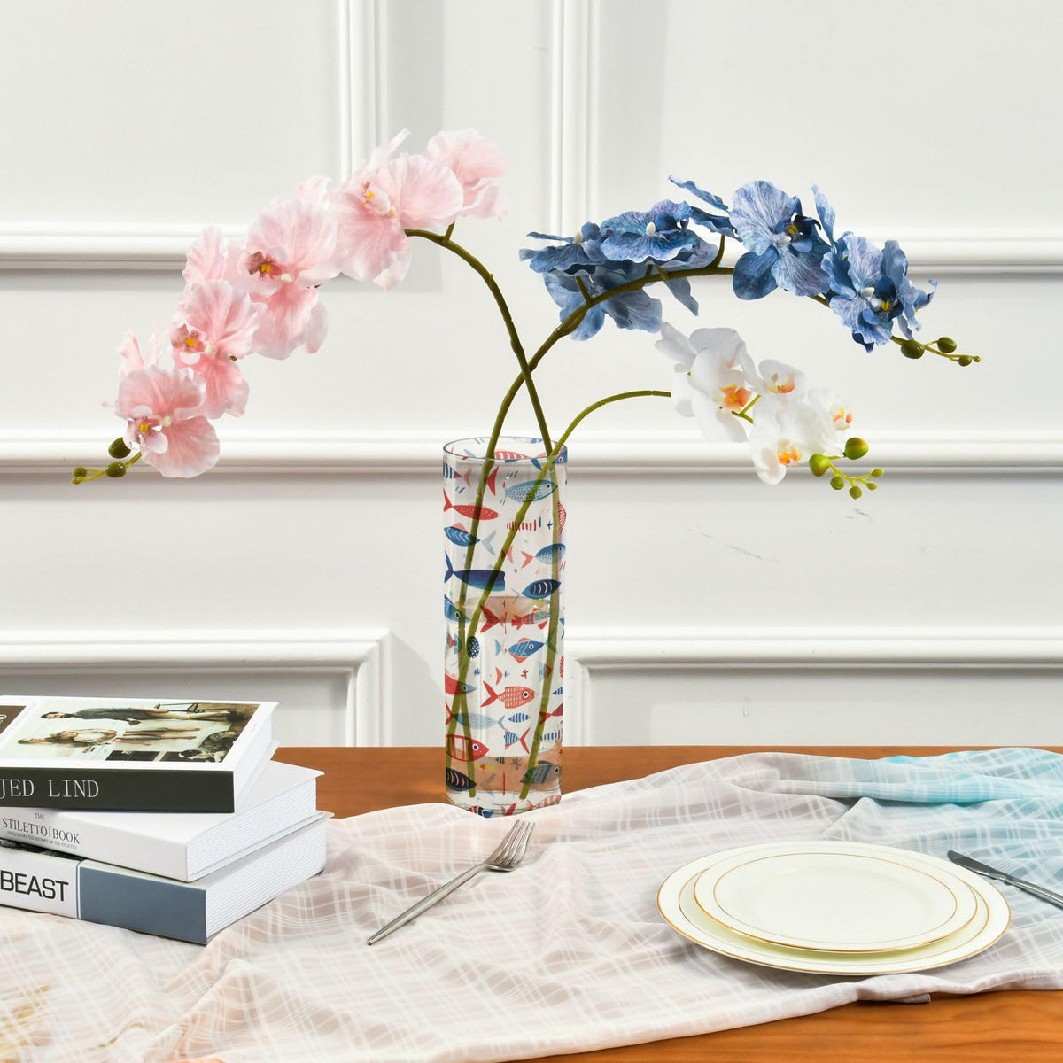 Fish Pattern Flower Vase Bud Vase Home Decor for Dining Table Office Bedroom Living Room
