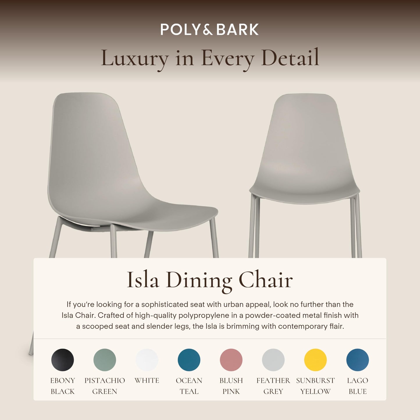 Poly & BARK Isla Modern Kitchen Chairs Set of 4 - Plastic Dining Chair with Metal Legs - Quick Assembly Simple Cafe Chairs Plastic for Indoor or Outdoor - Feather Grey