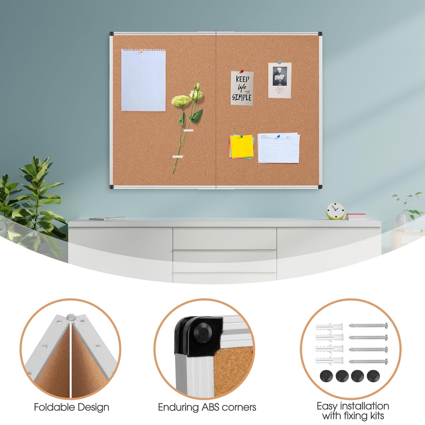 Board2by Cork Board Bulletin Board 36 x 48, Silver Aluminium Framed 4x3 Corkboard, Foldable Office Board for Wall, Large Wall Mounted Notice Pin Board with 36 Push Pins for School, Home & Office