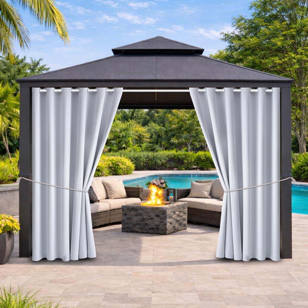 Water Proof Outside Curtains with Grommet Top for Porch, W84 x L95 Thermal Insulated Washable Light Block Outdoor Divider Drapes for Patio Gazebo Deck Pool Area Pergola Cabana (2 Panels)