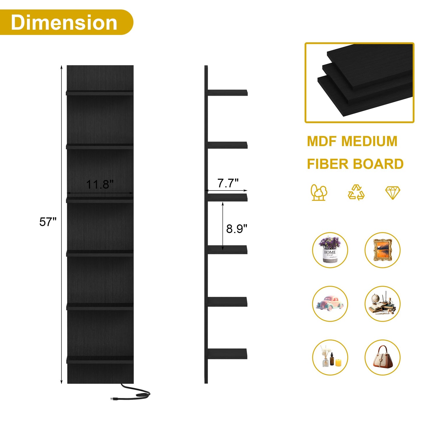 Qupui 6 Tier Wall Shelf Unit with LED Remote Control Light, 57 Inch Floating Storage Home Decor Organizer Shelving for Bedroom Living Room, Black