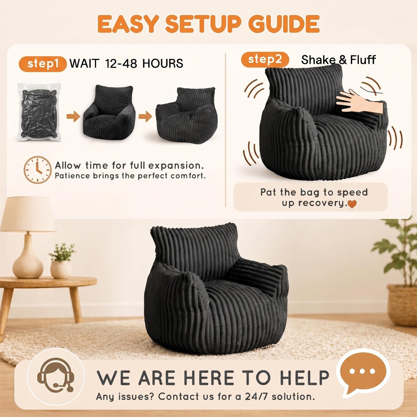 MaxiBean Bean Bag Chair - Plush Faux Fur Floor Seating Furniture Bean Bag Chair for Living Room, Bedroom, Playroom (2.5FT Stripe Black)