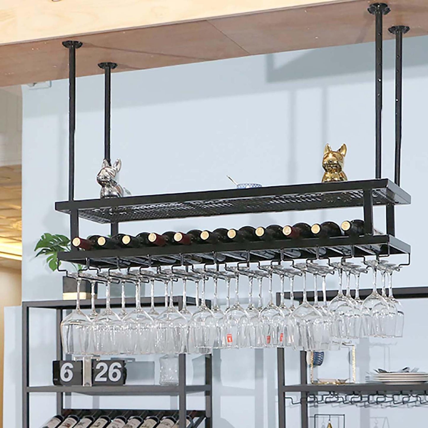 Vintage Industrial 2 Layer Shelf with Wine Bottle and Glass Rack Modern Metal Wine Holder for Bar Cafe Kitchen Ideal for Commercial Use in Restaurants Pantry and Wine Cellars