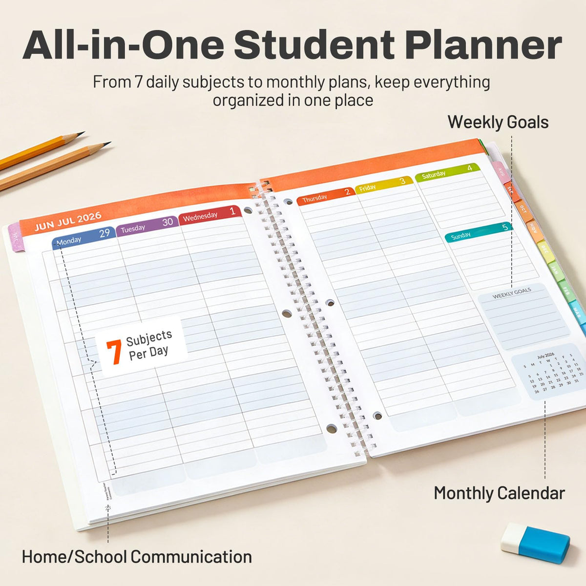 Student Planner 2026-2027, SUNEE Academic Weekly & Monthly Plan Book, Jul. 2026 - Jun. 2027, 8.5"×11" School Planner, Lesson Plan Book with Week's Goals, Bookmark, Monthly Tabs, 3-Hole Punched, Beige