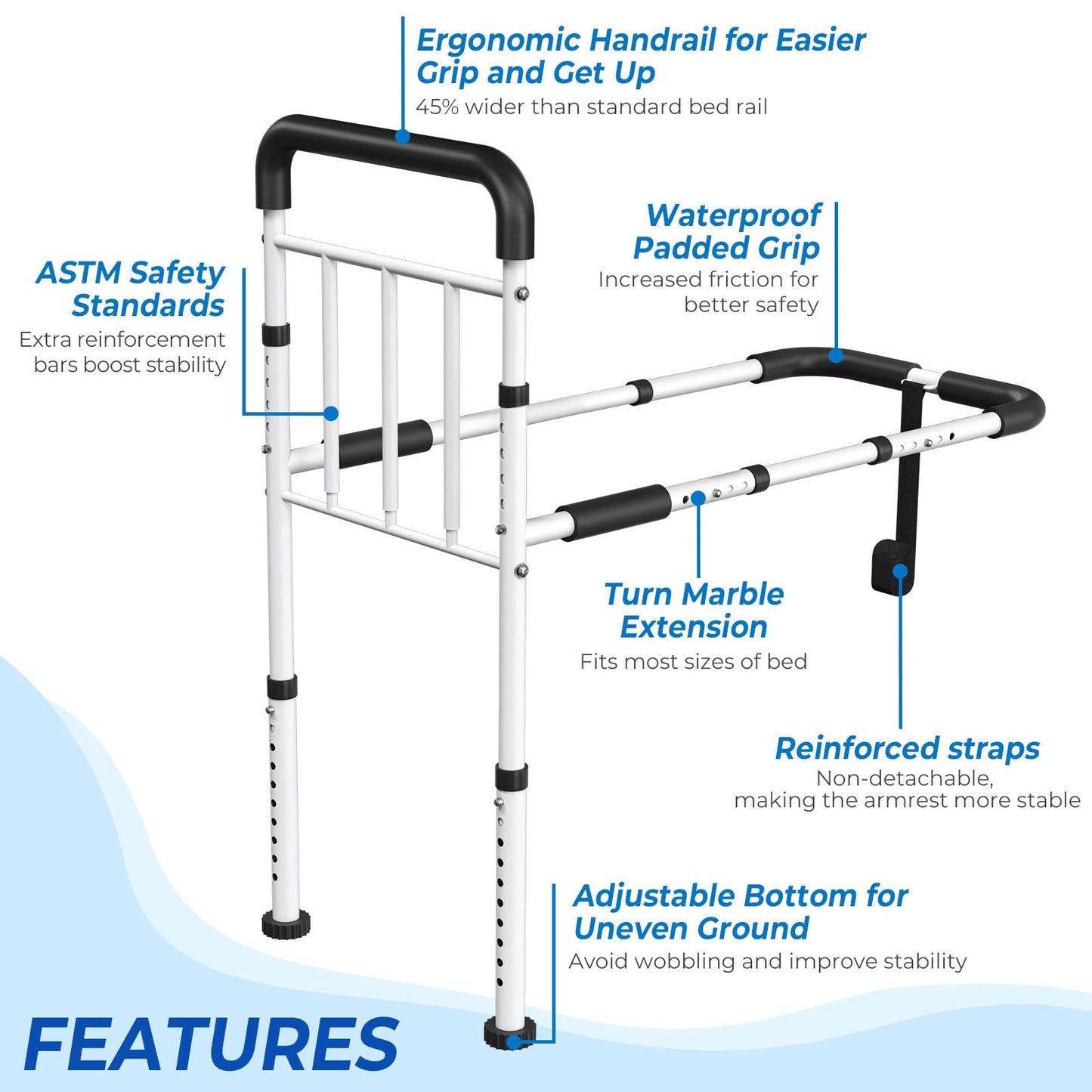 BigDolphin Bed Assist Rail for Elderly - ASTM Approved, 400 LBS Capacity, Tool-Free, Stable Bed Assist Rails for Seniors with Ergonomic Non-Slip Handle & Storage Pocket