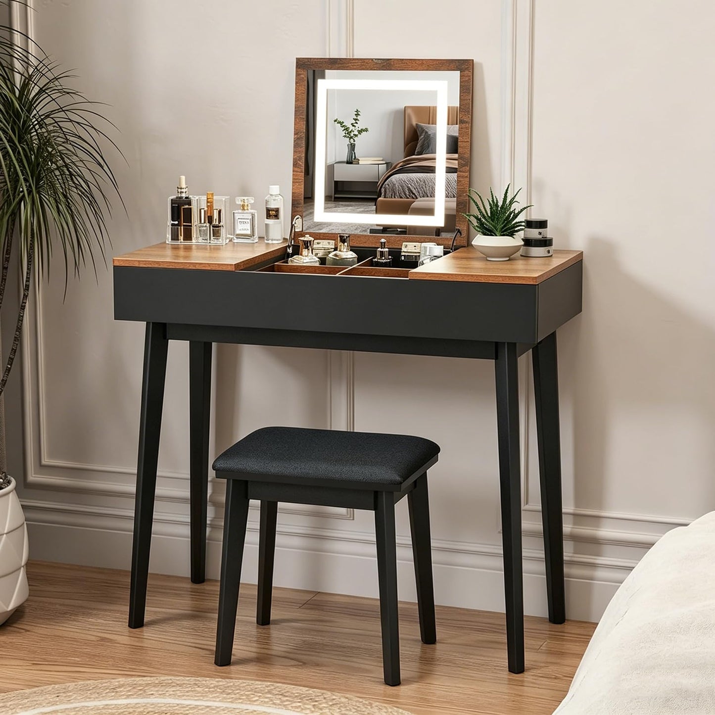 JanflyHome Vanity Desk, Flip Top Makeup Vanity Table with Power Outlet, Makeup Vanity Desk with Mirror & LED Light, Rustic Vanity Set with Cushioning Stool, Vintage Vanity for Bedroom, Black Brown