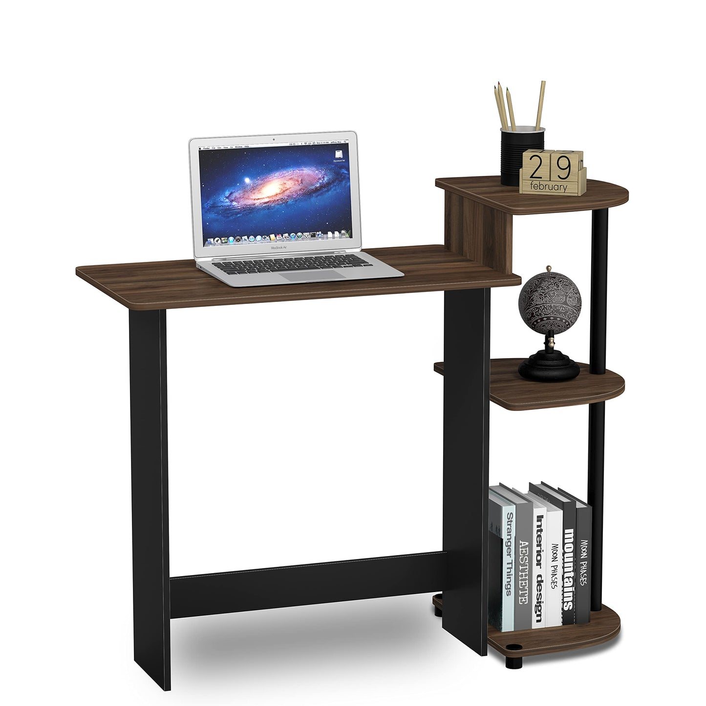 Furinno Compact 29-Inch Rustic Brown Computer Desk, Gaming Desk with Shelves, Office Desk with Book Shelf, for Home Office, Study Room, Dorm, Bedroom, Brown Walnut