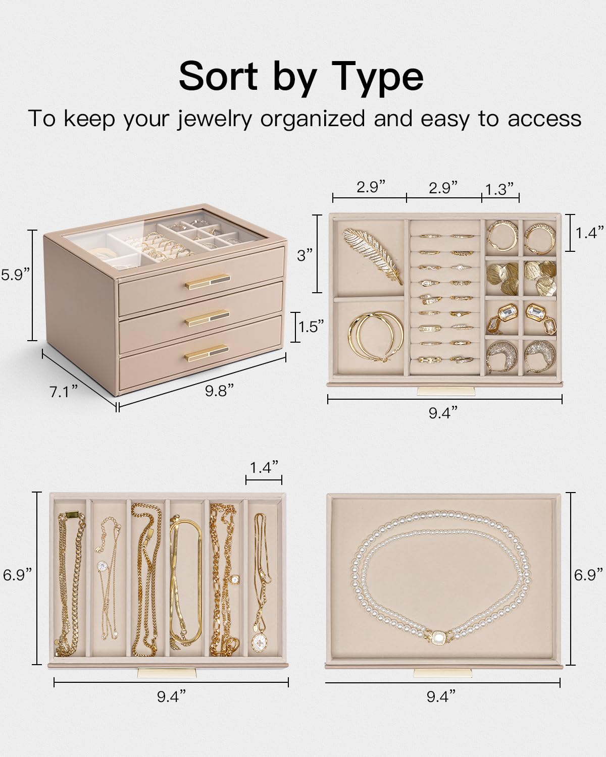 VLANDO Jewelry Box for Women, 3-Layer Jewelry Organizer with Drawers, Glass Lid Display Jewelry Storage, Soft PU Leather Exterior, Contrast Gold Metal Handles, Refined Style – Toffee