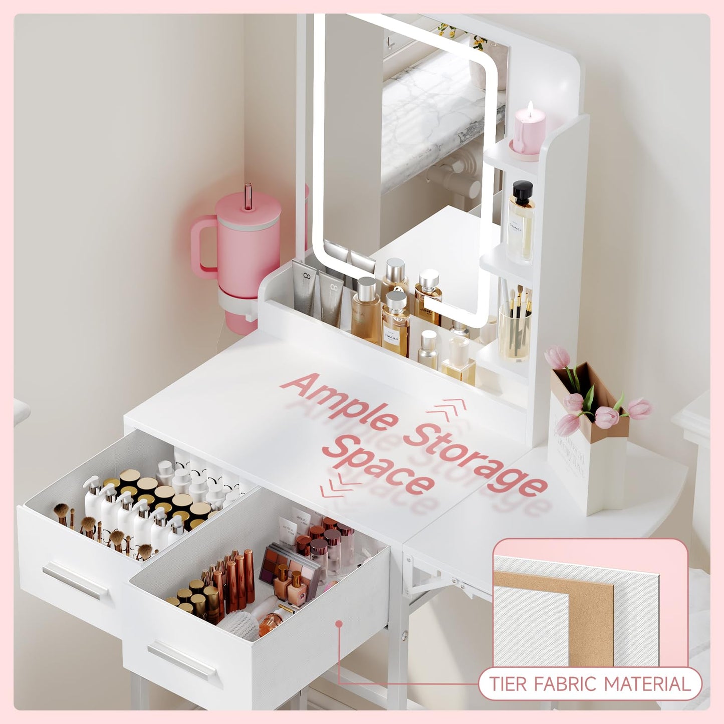 MemoCastle Small Vanity Desk for Compact Space: Mini Makeup Table Set for Bedroom - Tiny White Vanity with Mirror for Girls