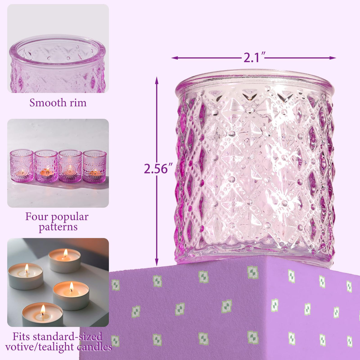 LETINE 16 Pack Purple Votive Candle Holders for Tea Lights Candles, Assorted Glass Candle Holder Bulk Set with 4 Patterns for Home Decor, Parties & Spring Summer Wedding Centerpieces