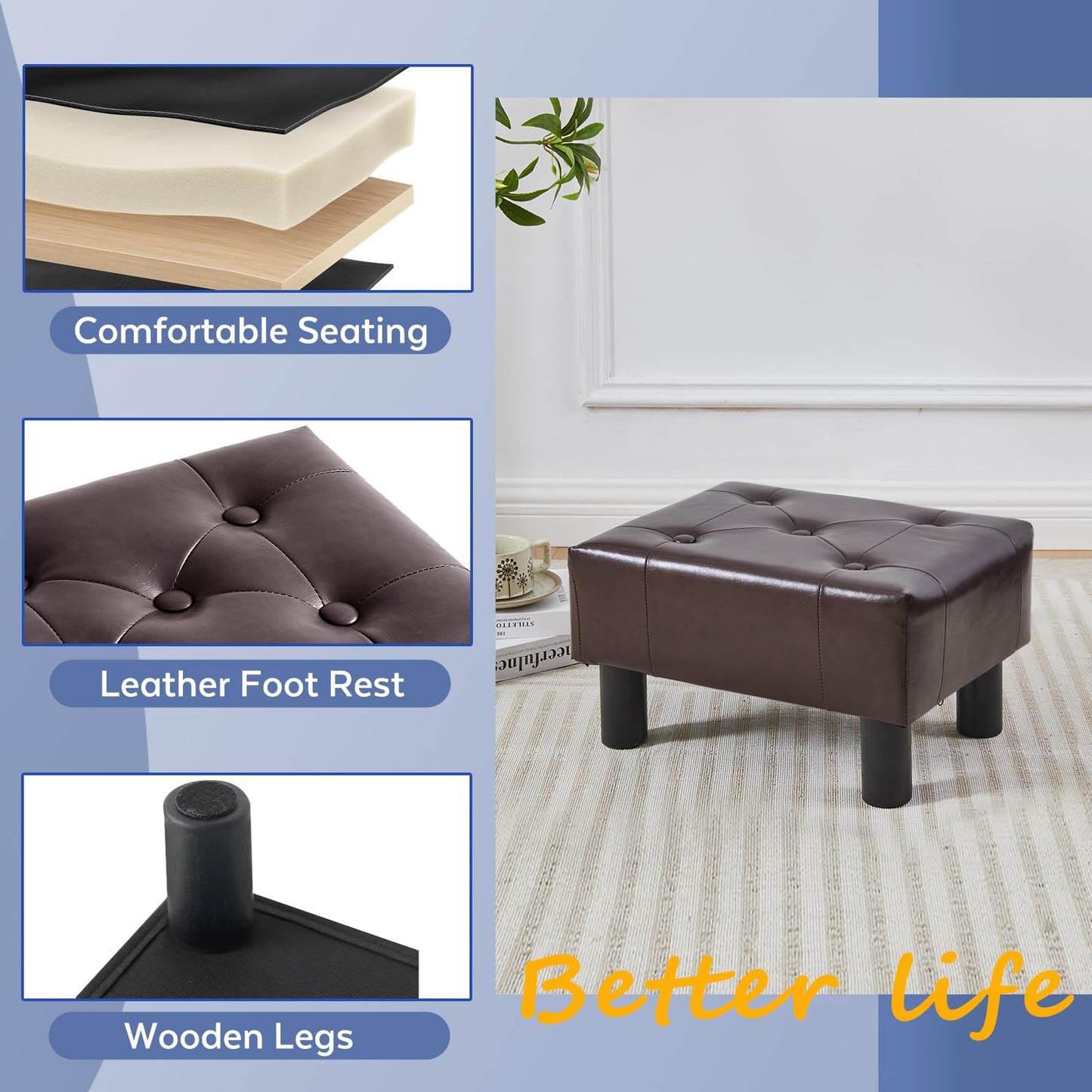 FIMIVIBI Small Foot Stool Ottoman, Faux Leather Footstool Ottoman Foot Rest for Couch, Rectangle Footstools and Ottomans Small for Living Room, Entryway and Bedroom (Brown)