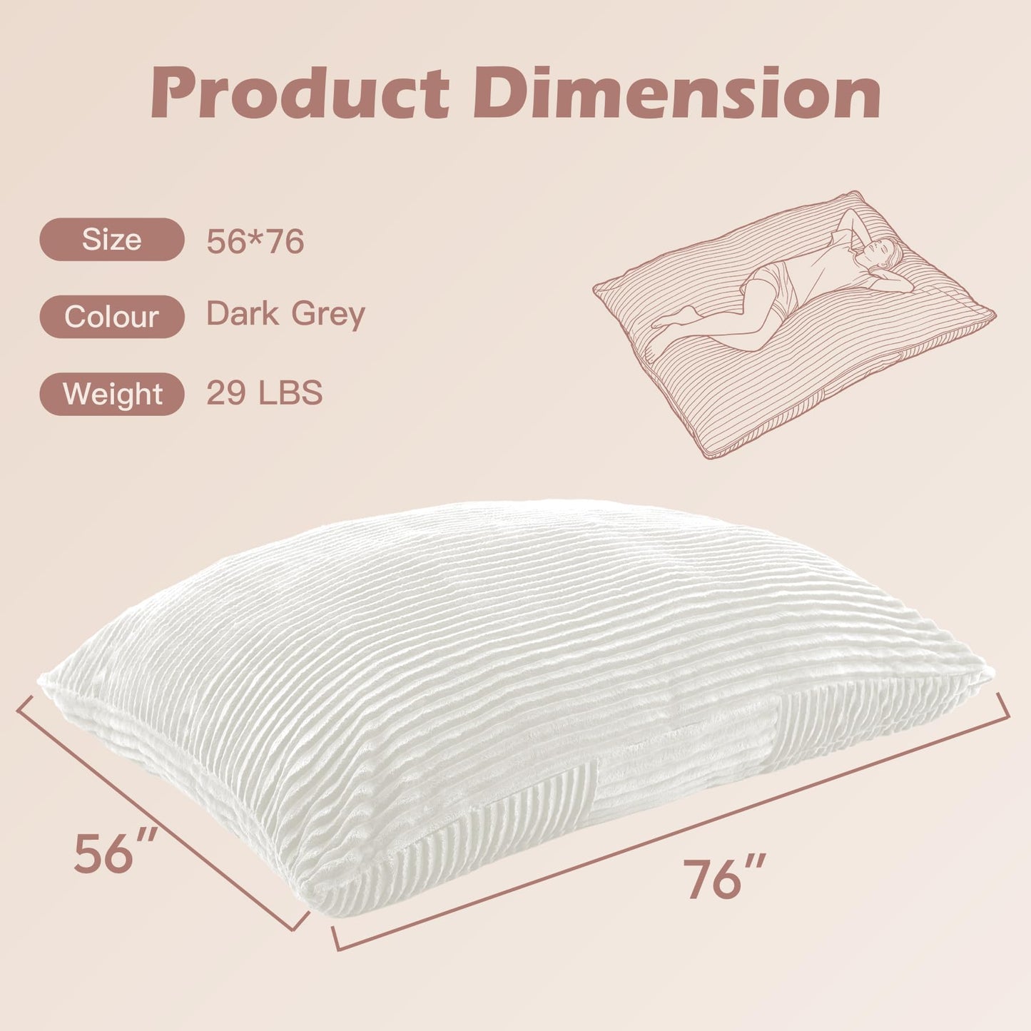 MuaMelop Bean Bag Chair, Giant Bean Bag Chair, 4 in 1 Convertible Beanbag Chairs for Adults with Removable Cover, Memory Foam Floor Cushions, Living Room, Bedroom, Beige