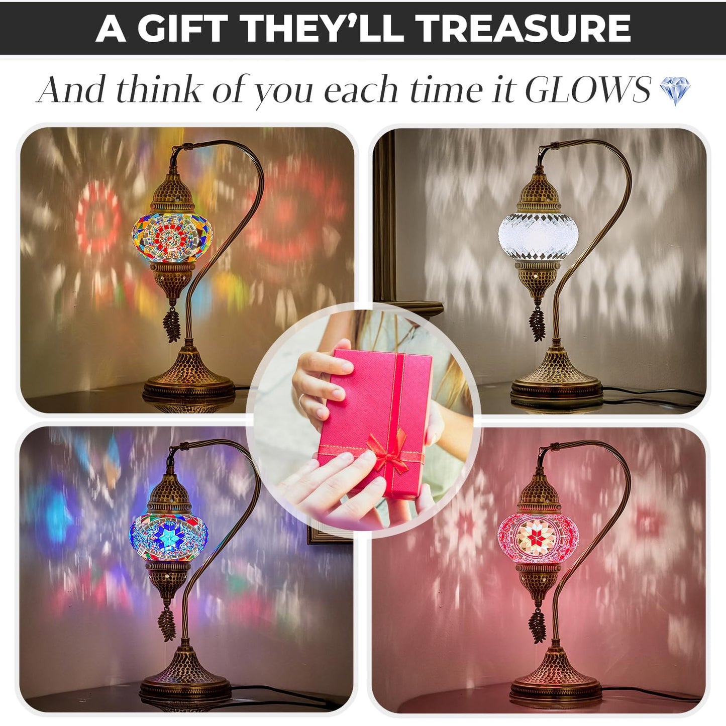 DEMMEX Turkish Moroccan Table Lamp, Swan Neck Tiffany Style Mosaic Glass Table Desk Bedside Lamp for Bedroom, Living Room – Handcrafted in Turkey, Lilac