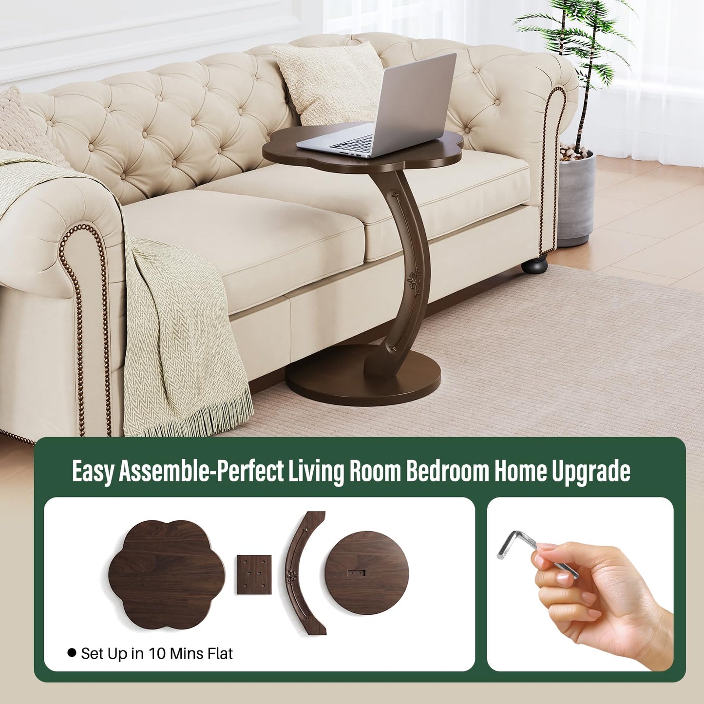 MYOTA C-Shaped End Table for Couch - Round Small C Side Table, Flower Handmade Wood Sofa Couch Tables That Slide Under Bedside, Saving Space Wooden Tray for Living Room, Small Space, (Dark Walnut)