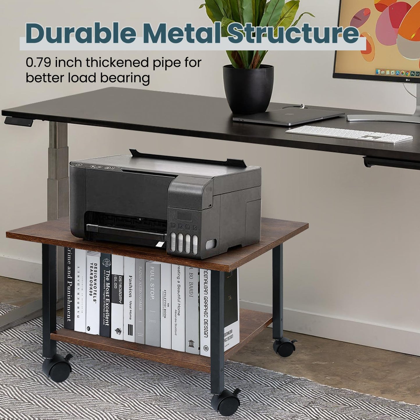 SwaaVee Printer Stand, 2-Tier Under Desk Printer Stand, Printer Cart with Wheels for Home, Office, Heavy-Duty Storage Shelf, Rustic Brown