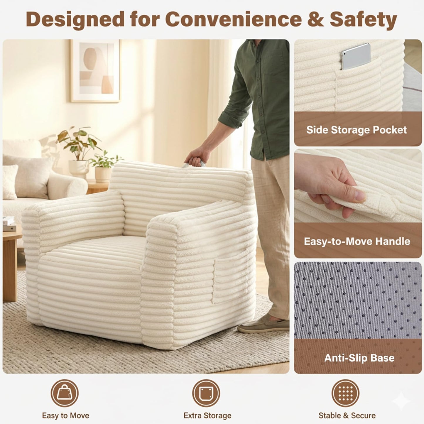 Tiita Bean Bag Chair for Adults, Foam Lounge Chair with Back Support and Armrests, Soft Corduroy Cover, Removable Washable Sofa Chair for Reading, Gaming, Living Room & Bedroom, Beige