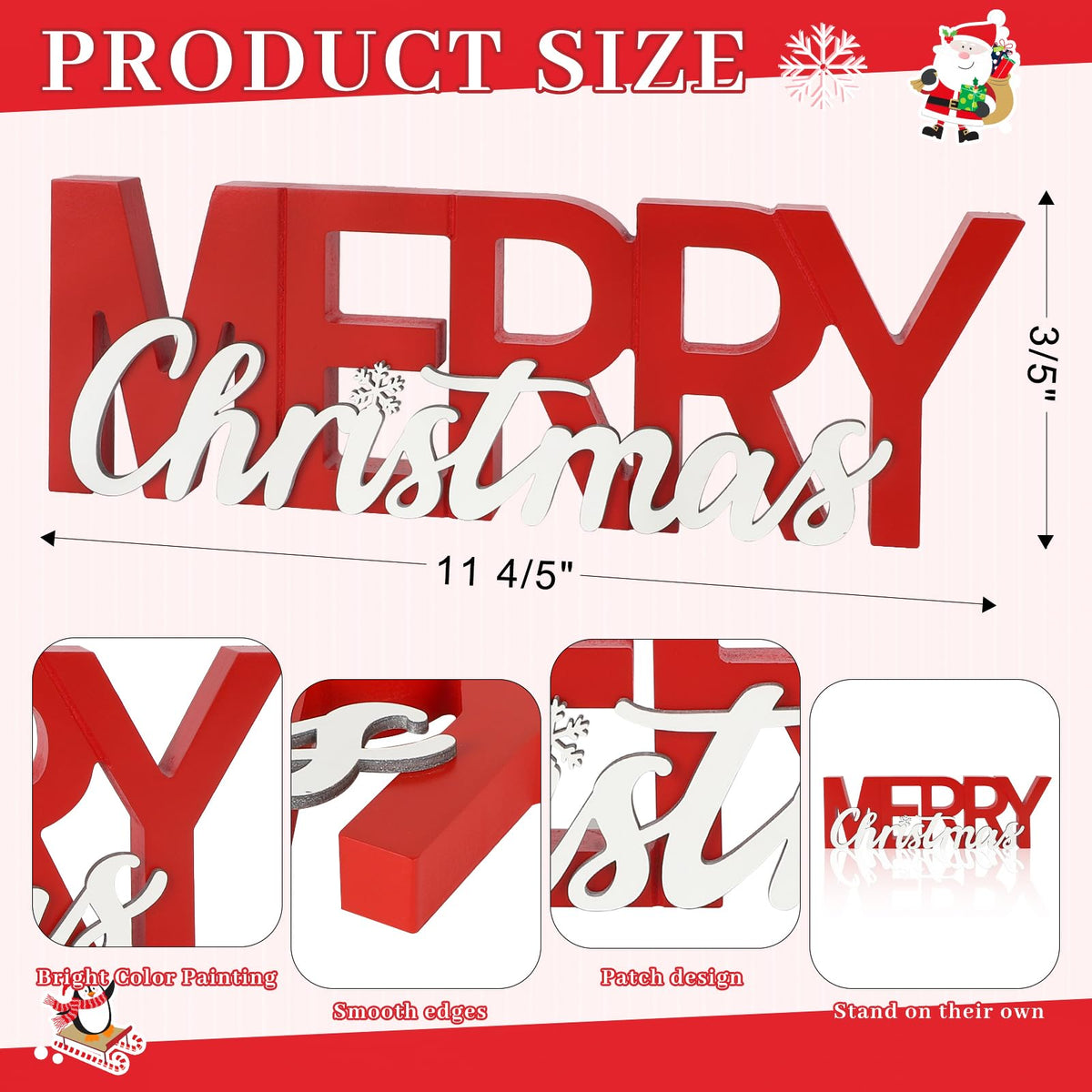 COCHIE Wooden Merry Christmas Sign, Winter Decorations for Home, Office, Shelf, Mantel, Indoor, Wood Snowflake Decor, Red White Table Top Party Decoration (Merry Christmas)