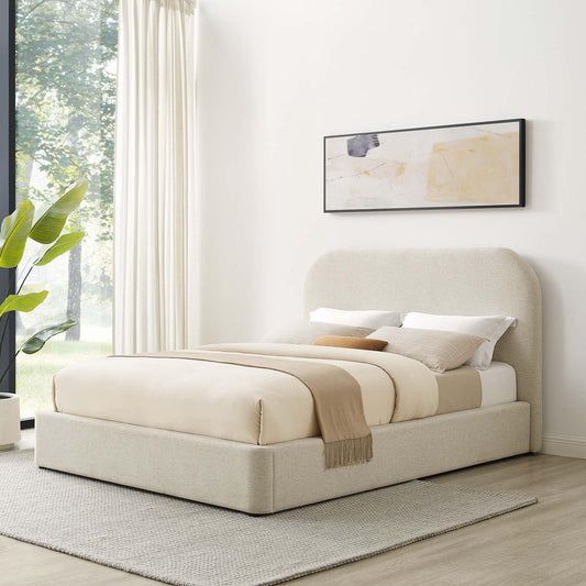 Modway Keynote Modern King Size Bed Frame with Curve Shaped Headboard in Heathered Weave Ivory, Woven Heathered Fabric Upholstery, King Size Platform Bed, Soft Cloud Bed Frame, No Box Spring Needed