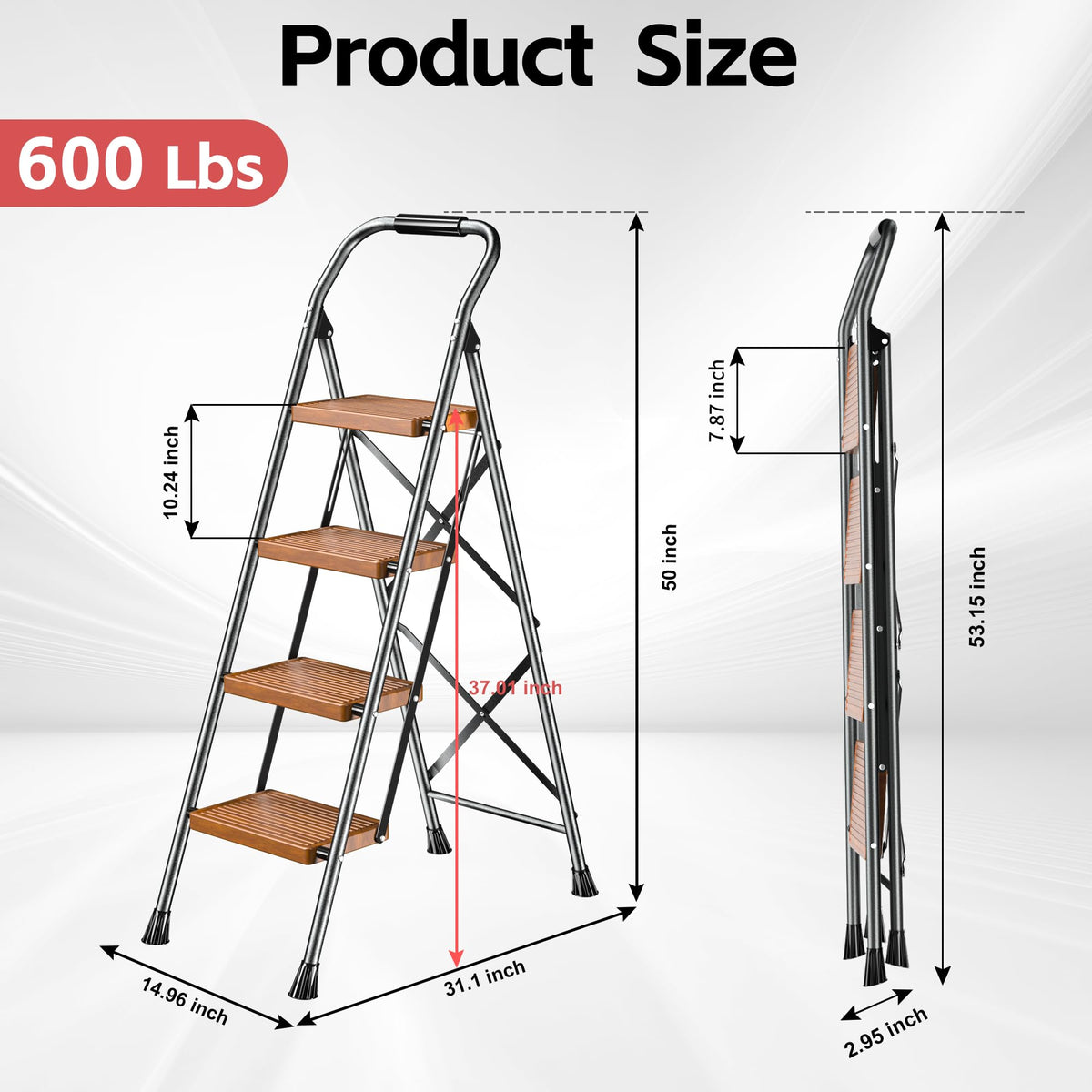 Step Ladder Foldable Folding Stool - for Home Adults Kitchen 4 Stepping Extension Tall Heavy Duty with Handrails - Closet Stepstool Stair Ladders Extendable Stepladder for Indoor House 600Lbs