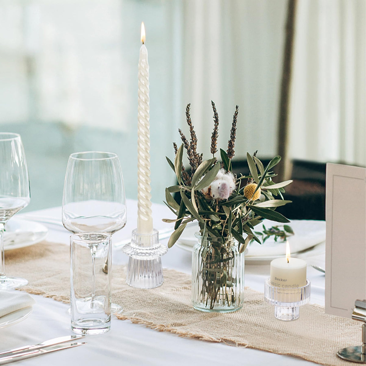 Toptime Candlestick Holders Set of 6, Ribbed Glass Taper Candle Holders, Reversible Clear Tealight & Candle Stick Candle Holder Vintage Crystal Tealight Candle Holder for Wedding Dinner Party