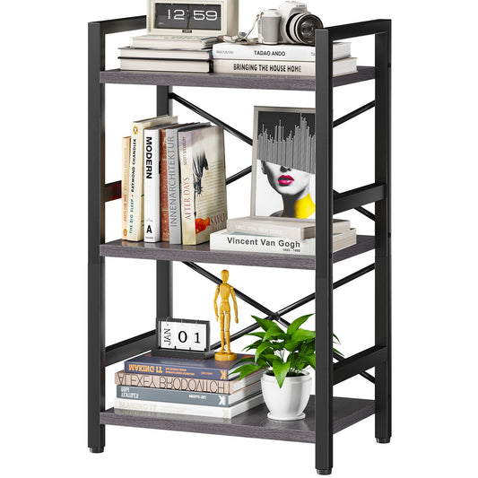Homeiju Bookshelf, 3 Tier Industrial Bookcase, Metal Small Bookcase, Rustic Etagere Book Shelf Storage Organizer for Living Room, Bedroom, and Home Office(Grey) Patent Pending D29873033