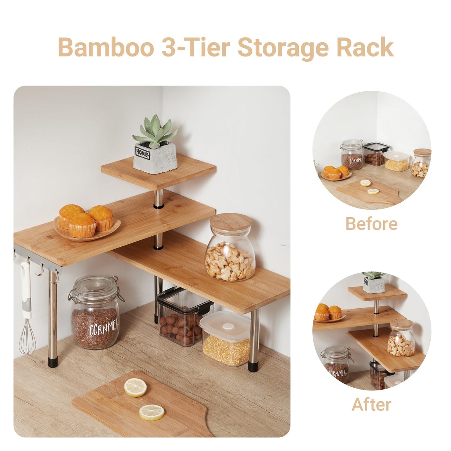 HYNAWIN 3-Tier Corner Shelf, Bamboo & Metal Storage Rack with Hooks, Adjustable Countertop Organizer for Kitchen, Bathroom, Bedroom or Office