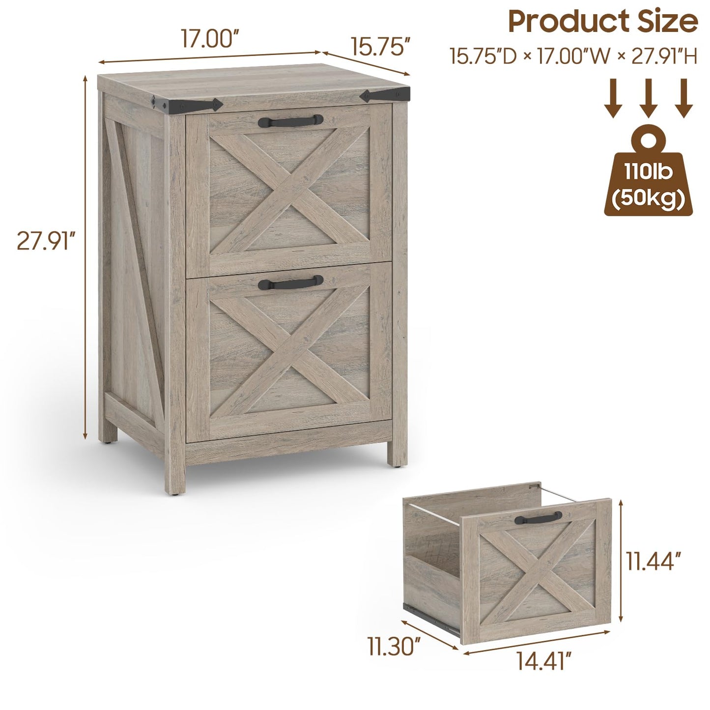 Halitaa 2 Drawer Small File Cabinet, Farmhouse Vertical Filing Cabinet Fits Letter and A4 Size, Under Desk Wooden File Cabinets for Home Office, Printer Stand, Grey