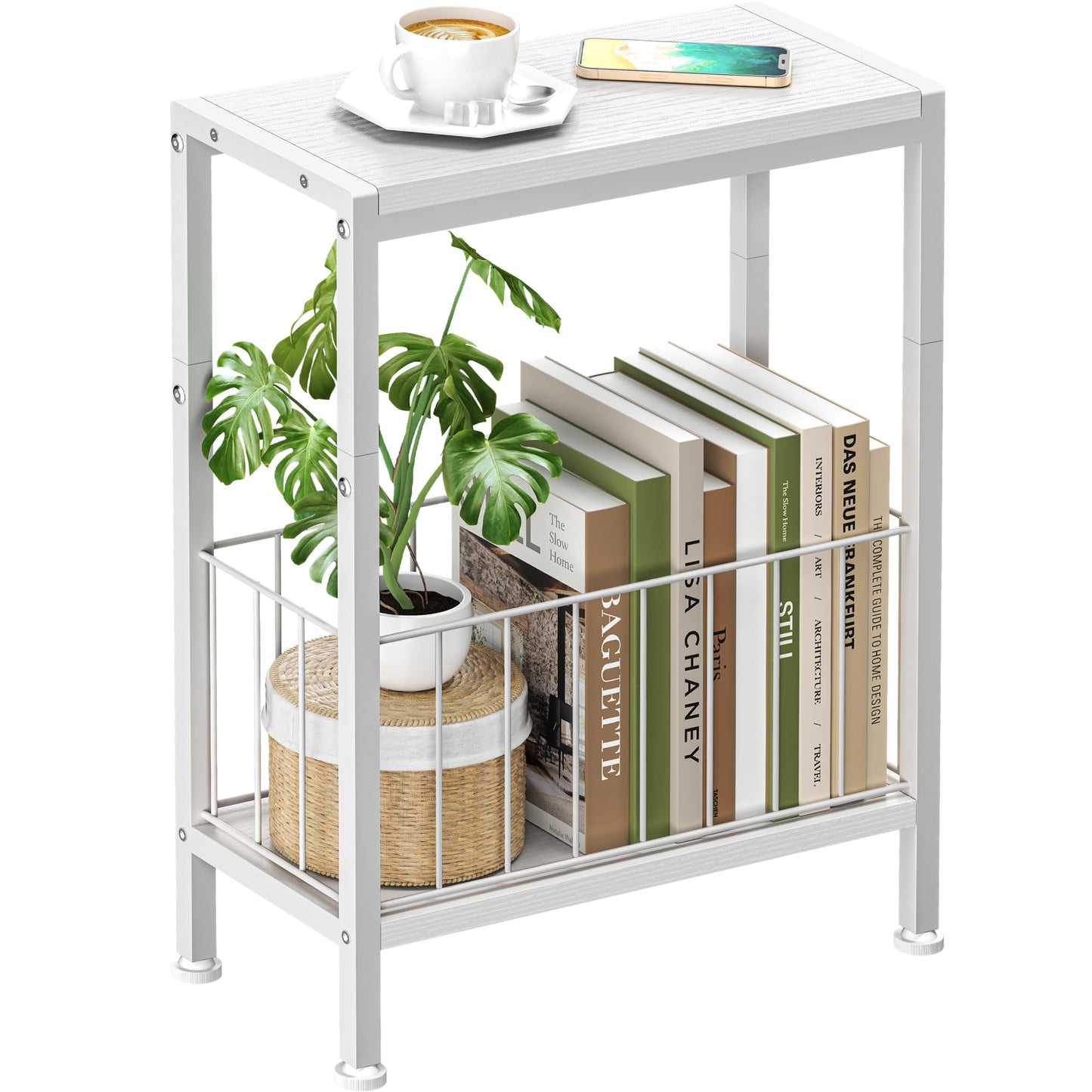 Lifenite Narrow Side Table, Skinny End Tables with Magazine Holder, Small Sofa Table for Small Spaces, Space-Saving Design, Slim Nightstand Bedside Table for Living Room, Bedroom, Office, White