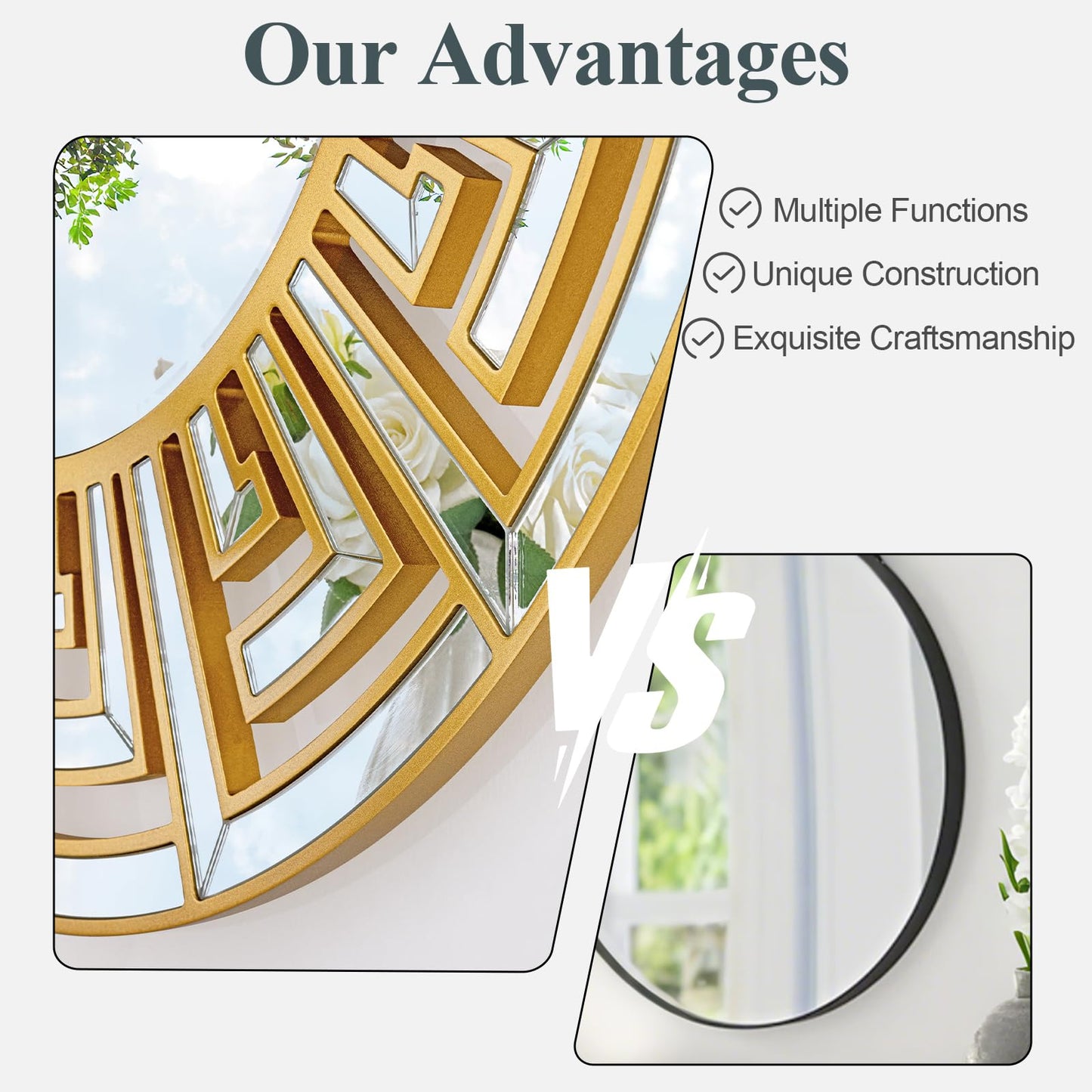 Autdot 31.5"x31.5" Gold Round Mirror with Decorative Geometric Pattern, Accent Wall Mounted Mirror for Modern Living Room, Dining Room, Bedroom, Entryway