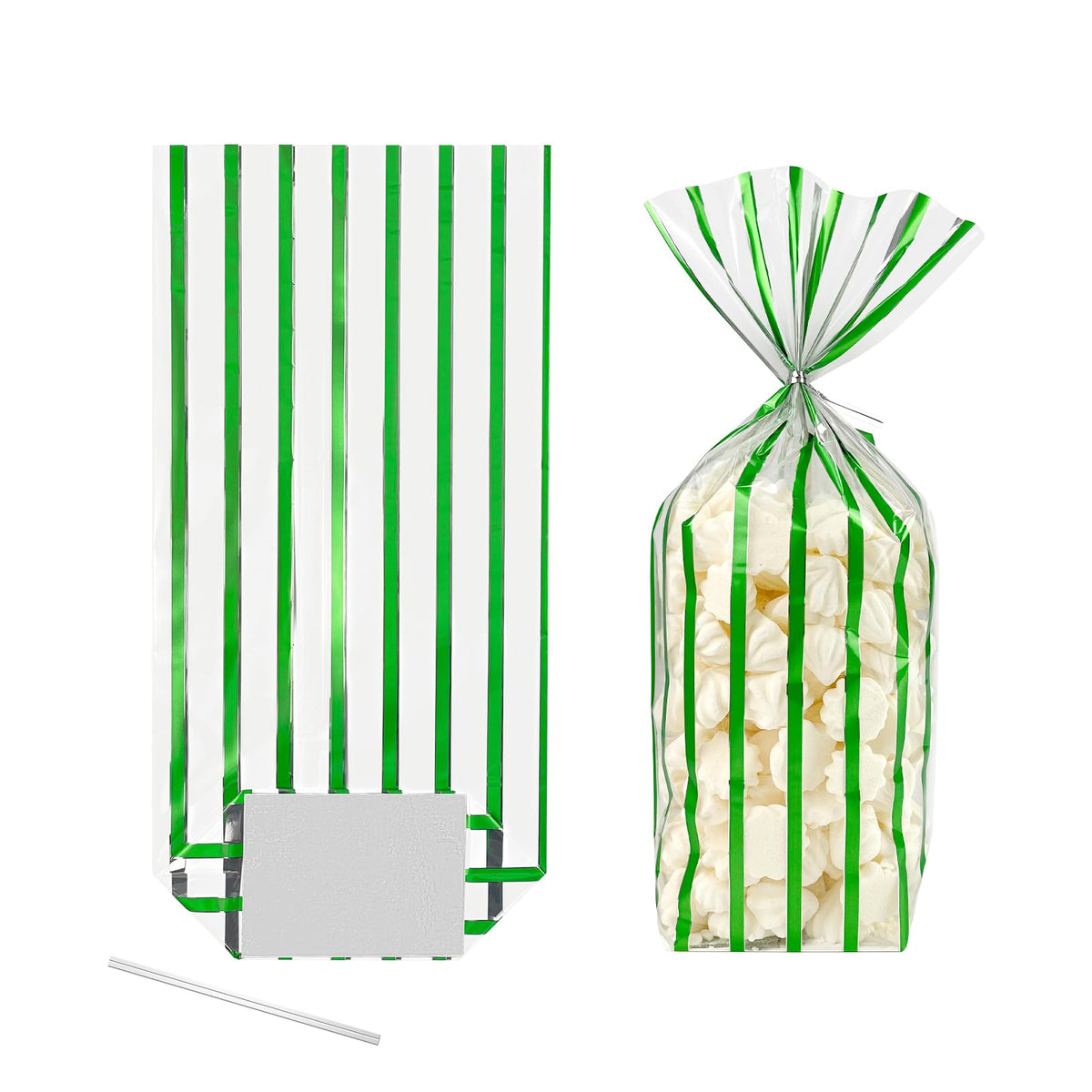 EKAPACKAGING 25 Pcs 3.21x2.42x12in Flat Bottom Cellophane Bags (6x12in Flat Size), Foil Green Stripe Treat Bags with Ties, Heat Sealable Clear Cello Bags for Cookies
