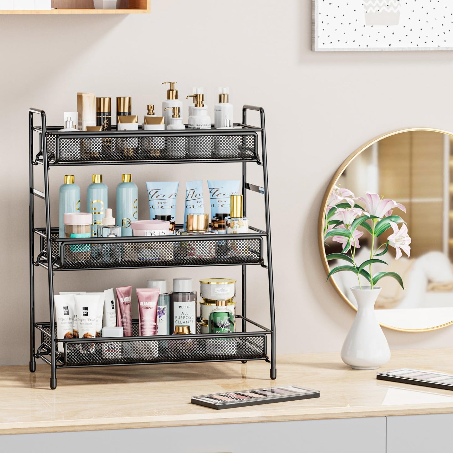 EKNITEY Bathroom Countertop Organizer Rack - 3 Tier Counter Spice Rack Metal Makeup Rack Small Perfume Vanity Organizer for Sink/Bedroom/Living room/Kitchen/Office