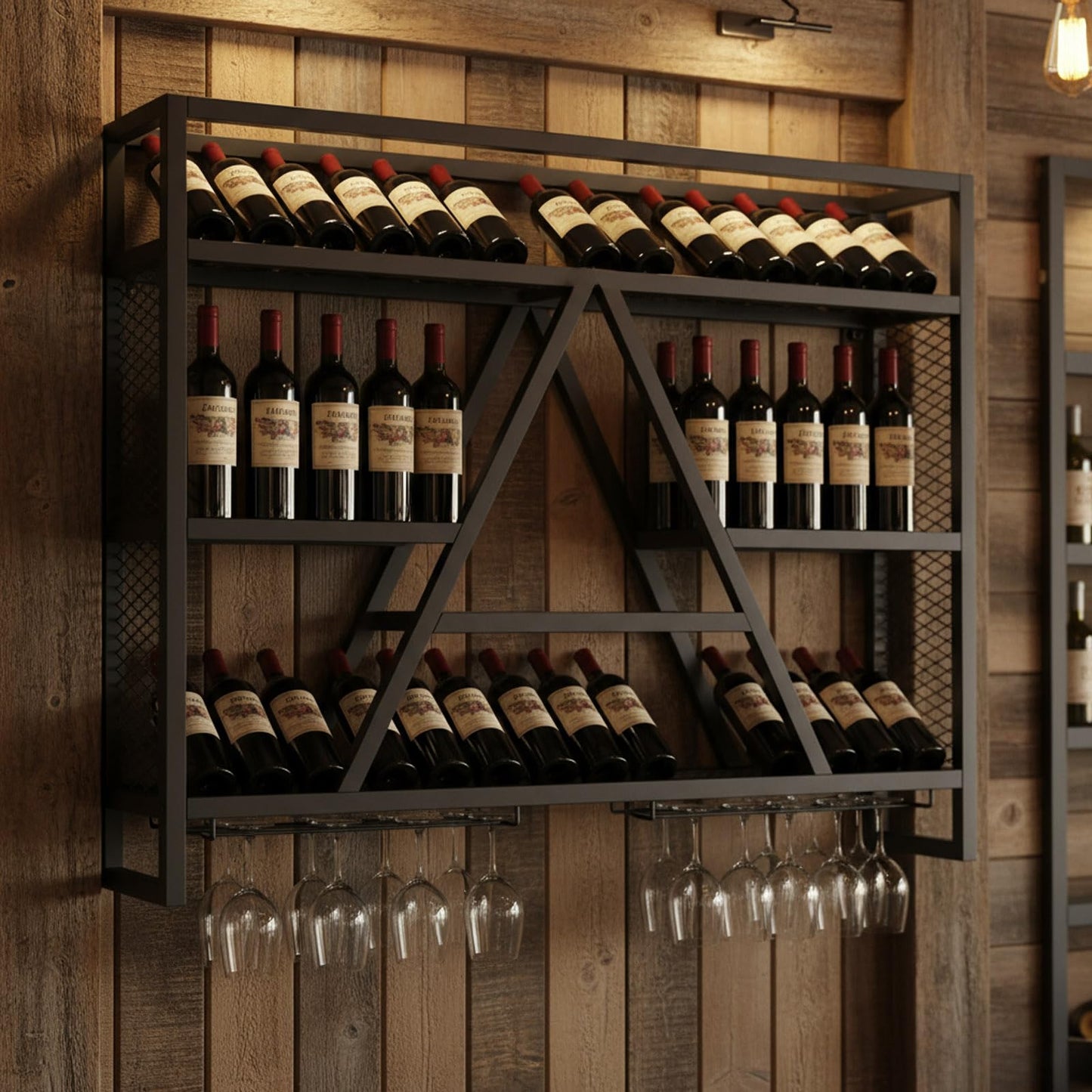 KIPPDURO Wall Mounted Wine Rack with LED Lights, 39.4in Metal Wine Bottle and Glass Holder, A-Frame Bar Shelf for Kitchen, Bar, Cafe Wine Rack Background, (Black, 39.4 * 5.9 * 31.5INCHES)