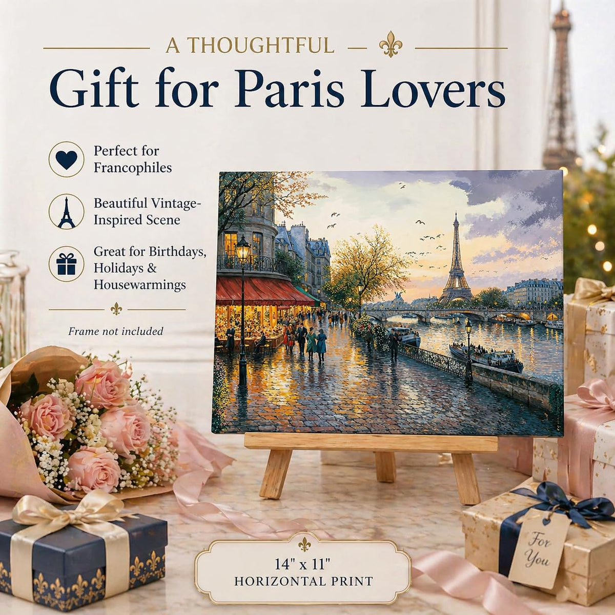 Evening Stroll In Paris: Eiffel Tower And Seine River Cityscape 11x14 Unframed Poster-Romantic French Sunset Painting, Scenic Street Scene, Cobblestone Street, Boat Scene, Parisian Cafe, Dusk Wall Art
