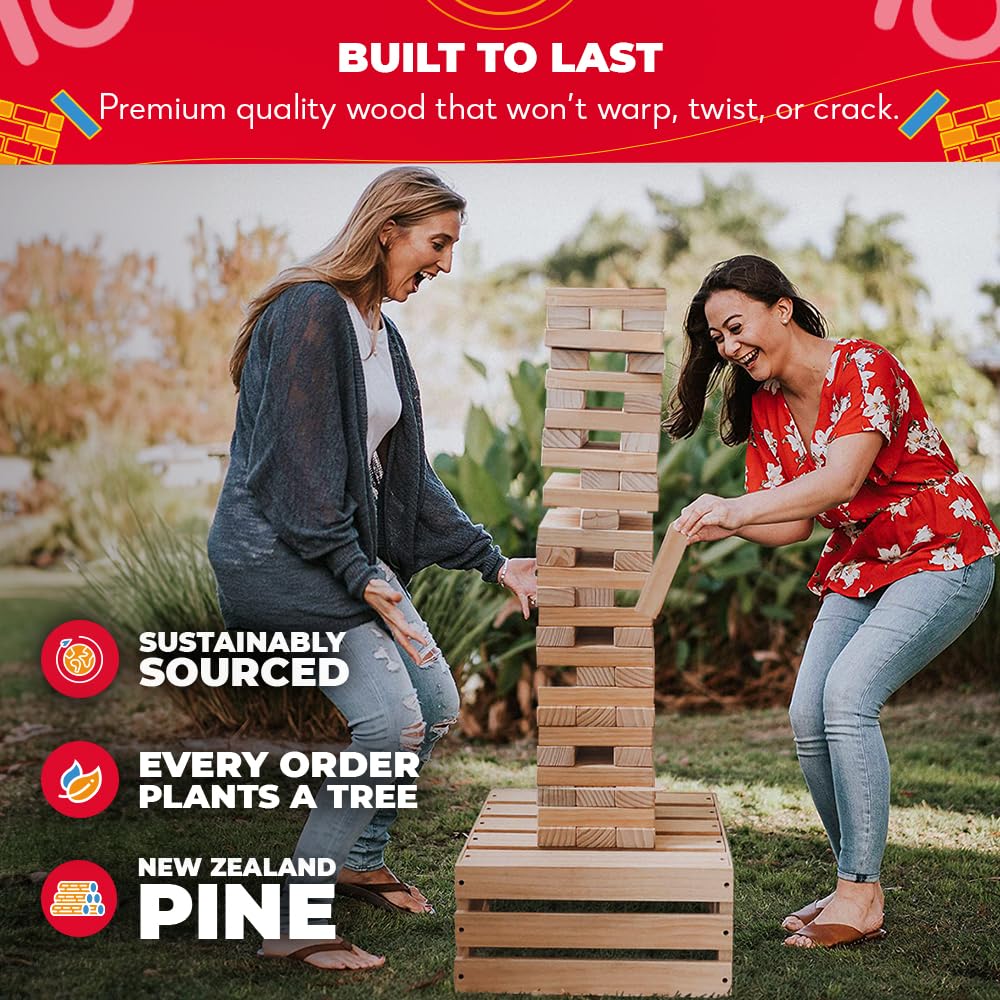 SWOOC Games - Premium Giant Tower Game | 60 Blocks + Storage Crate/Outdoor Table | Stacks up to 5ft | Jumbo Yard Games for Adults and Family | Giant Outdoor Set | Big Backyard Fun | Large Lawn Size