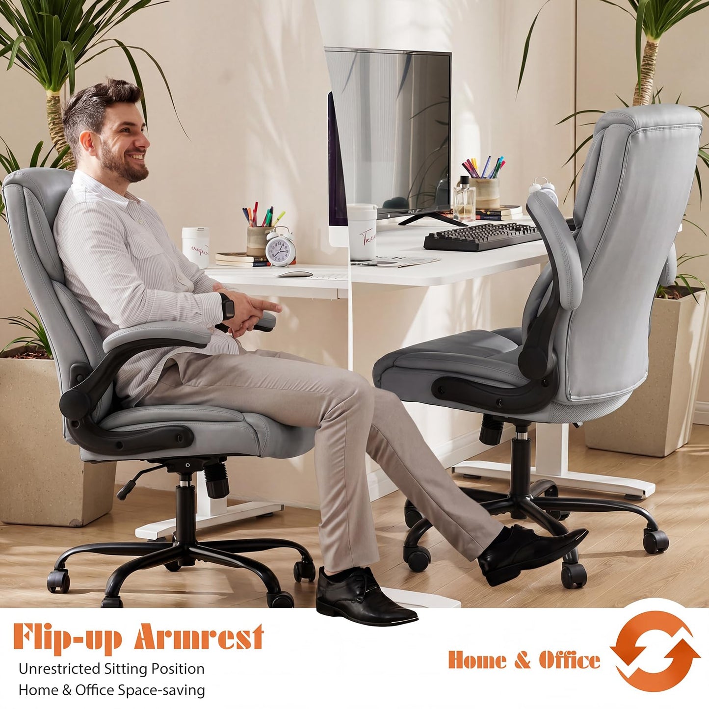 Sweetcrispy Office Computer Gaming Chair, Ergonomic High Back Heavy Duty Task Desk Chairs with Wheels, Flip-up Arms, Adjustable Height, PU Leather, Grey
