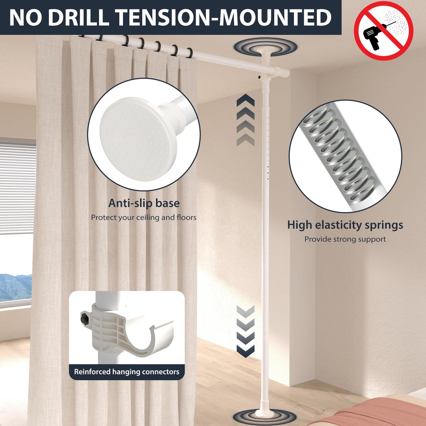 Room Divider Curtain Rod, Heavy Duty Floor to Ceiling Tension Rod – No Drill Partition Room Dividers, 4-10 ft Height & 48-72 in Width, Metal Rod for Room Separation in Apartment, Dorm, Studio, White