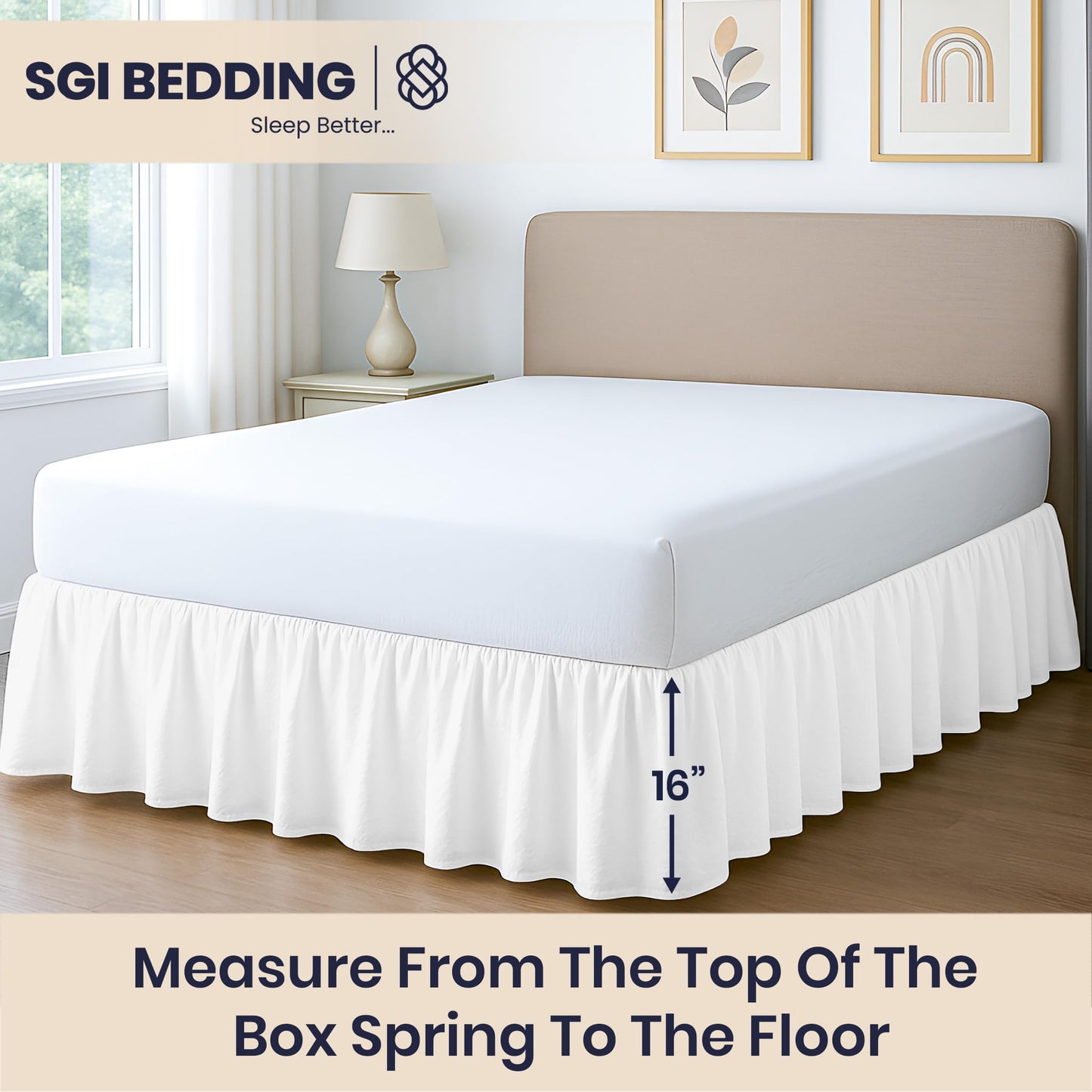 SGI Bedding 16 Inch Drop Ruffled Bed Skirt Cal King Size - Classic Gathered Styling, Platform Style Dust Ruffle with Secure Fit, Split Corners, Wrinkle-Resistant Microfiber - White