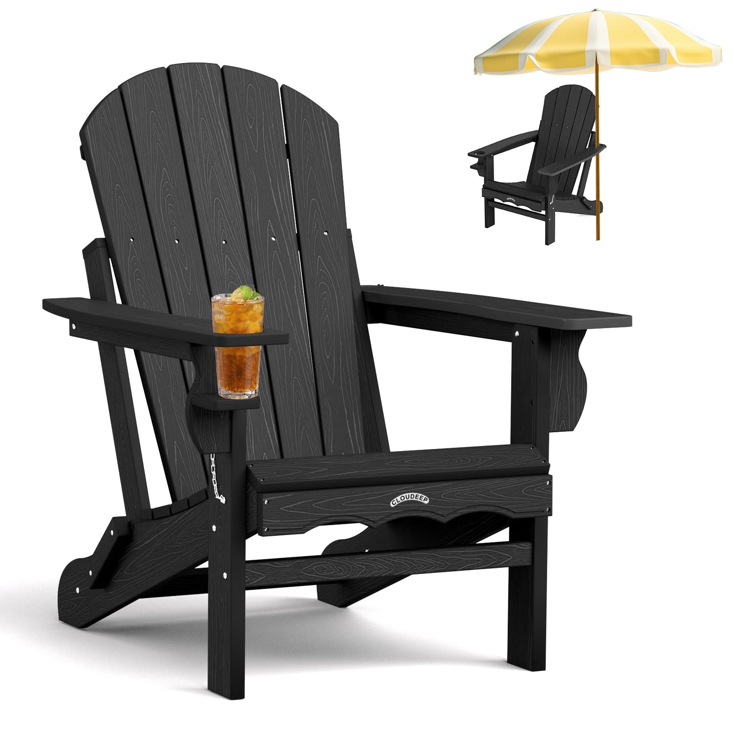 Folding Adirondack Chair, 25 Year Fade Proof Recycled HDPE Oversized Fire Pit Chair, 400 LBS Weight Capacity Outdoor Chair with Cup Holder, Umbrella Hole, Wood Texture for Patio Garden, Deck, Poolside
