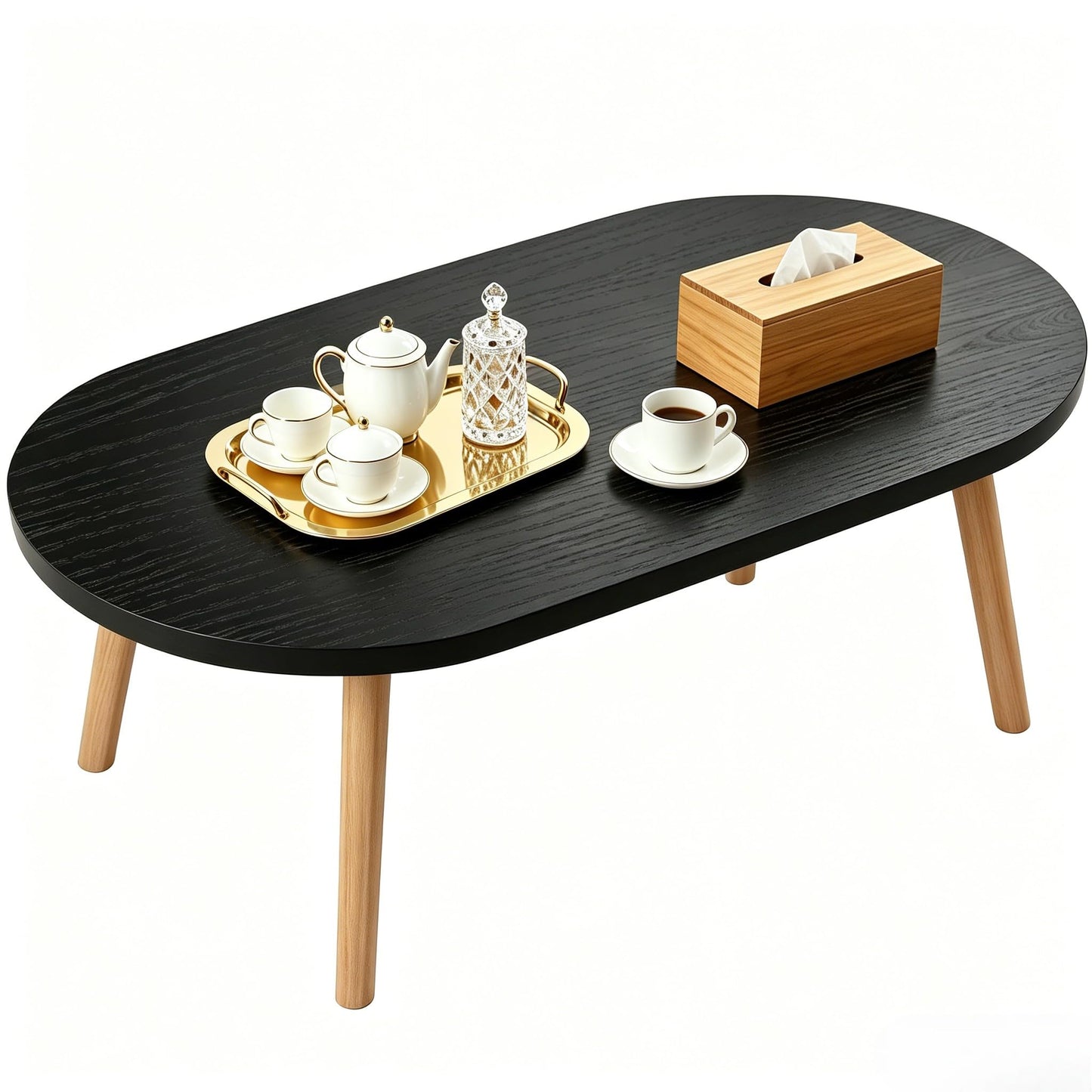 FURMORENE Coffee Table Low Table with Solid Wood Legs, 31.5x19.7 Large Coffee Table Side Table, Floor Table Desk for Sitting on The Floor, Living Room Furniture for Office Apartment Home, Oval Black