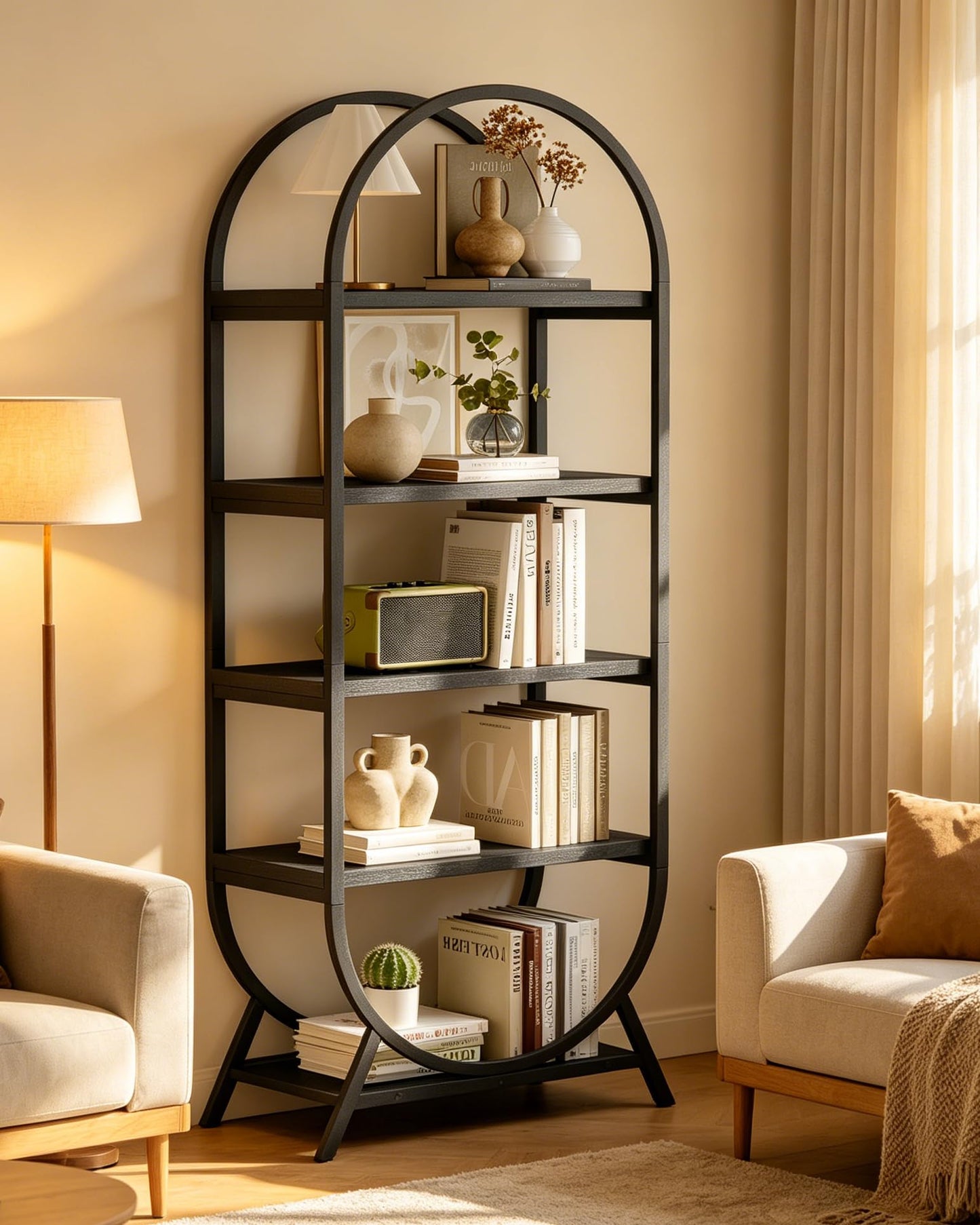 Kogven Bookshelf Arched Bookcase, Industrial 5 Tier Open Book Shelves with Metal Frame, 72" Tall Freestanding Display Rack for Home Office, Living Room, Black