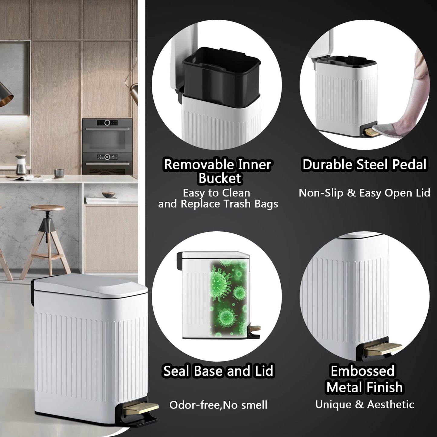 Small Bathroom Trash Can with Lid Soft Close-6L/1.6 Gal Slim Step Garbage Can-Metal Pedal Wastebasket-Narrow Rectangle Garbage Container Bin for Corner Office, Bedroom, Toilet, Live Room-White