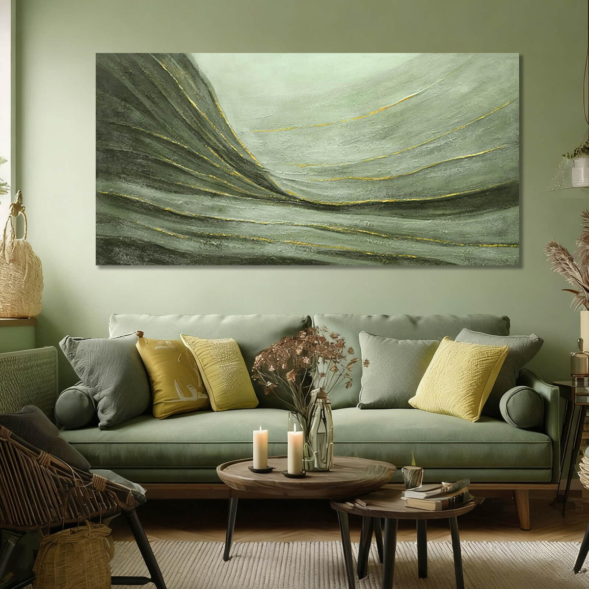 MLART99 Large Green and Gold Abstract Canvas Wall Art 24x48 Inch Modern Minimalist Painting for Living Room Bedroom Office Above Couch Wall Decoration Home Décor