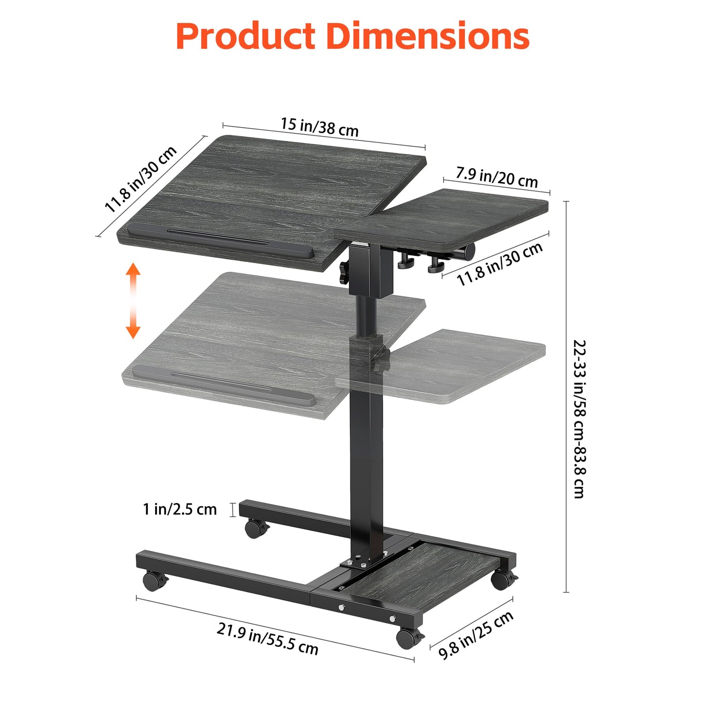 Furist Overbed Table with Wheels Adjustable Height, Mobile Standing Stand Up Rolling Laptop PC Desks with Tilting Top Height Tray Side Computer Workstation for Bedroom on Hospital Home Use, Black