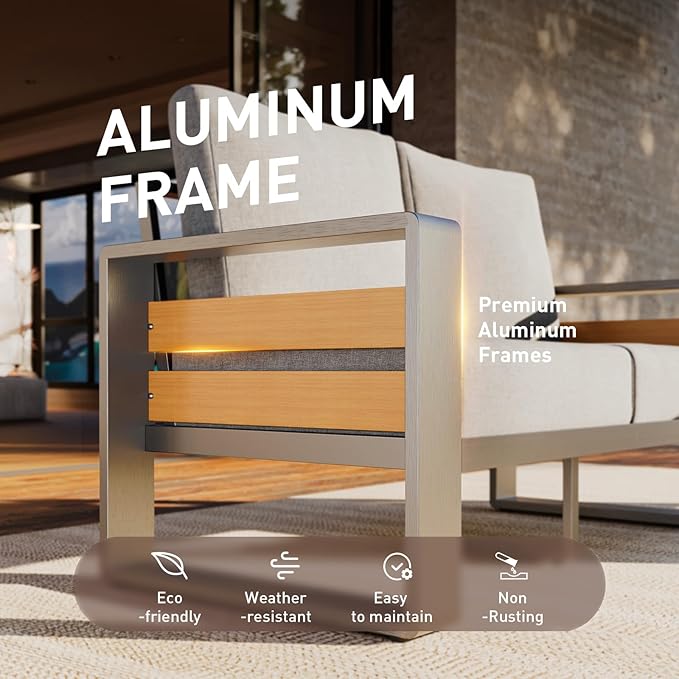 Aoxun Aluminum Outdoor Patio Furniture Set, 3 Seats Metal Sectional Patio