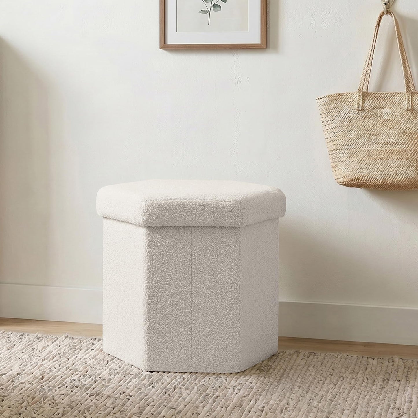 ZOLANOful Hexagon Storage Ottoman, Foldable Boucle Footrest with Hidden Storage, Upholstered Ottoman Footstool for Living Room, Bedroom, Dorm, Entryway, 15 x 16.9 x 15 Inches, White