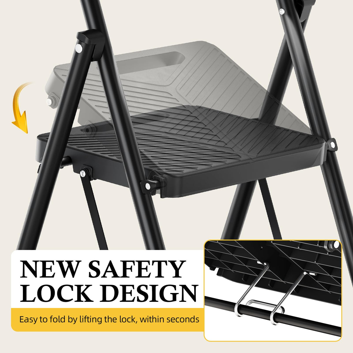 Urackify 4 Step Ladder, Portable Folding Ladder for Multi-Purpose, Home, Kitchen, Heavy Sturdy Steel Step Stool with Handrail, Anti-Slip Wide Pedals, Safe-Lock Design, Pass 500lbs Load Testing, Black