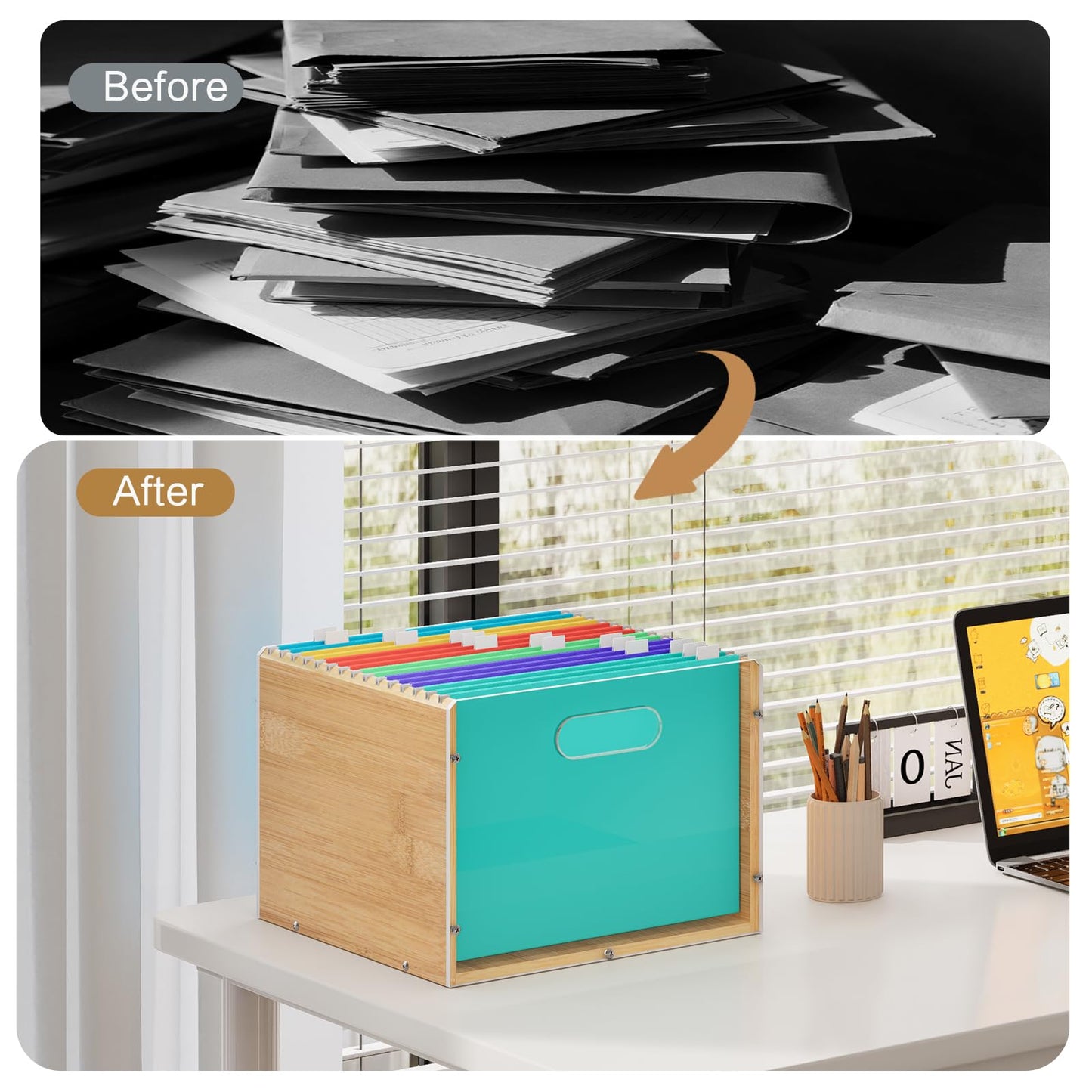 Sbanmao Hanging File Organizer, Clear Acrylic File Box Organizer, Bamboo Filing Box File Crate Organizer Storage Boxes, Portable Filing Folder with Handle for Letter Size