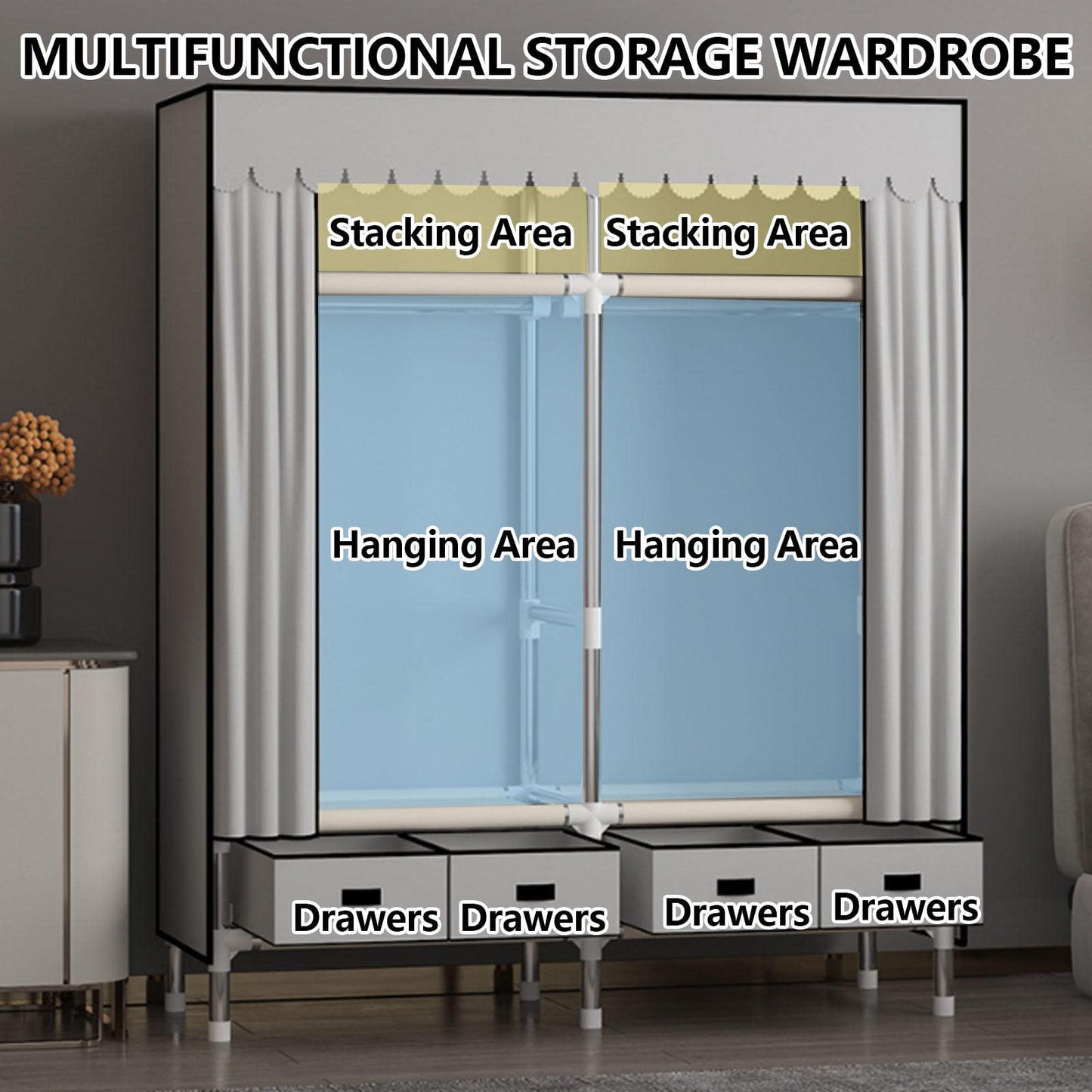 WuDLi Portable Canvas Wardrobe, Fabric Wardrobe with Hanging Rail, Shelves, Clothes Closet Storage Organizer, Fabric Wardrobe for Bedroom,Pink-140x45x168cm